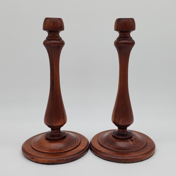 Vintage Wooden Candlestick Holder Large Smooth Design Pair Set of 2 12" - Picture 7 of 12